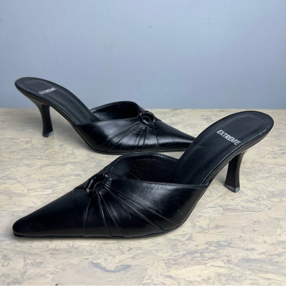 Vintage Vero Cuoio Extreme Black Leather Stiletto Mule Heels Pointy Sz 37.5 (6)